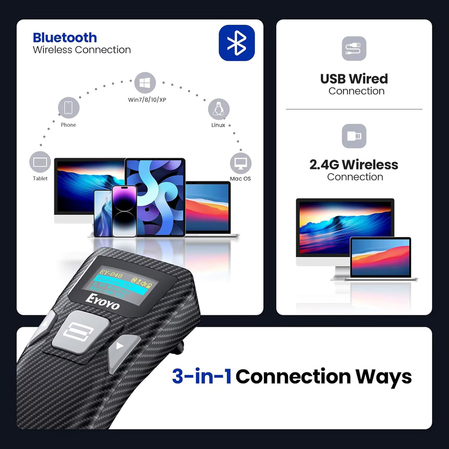 EYOYO Tragbarer Bluetooth Handheld Barcode-Scanner für 1D und 2D QR-Codes mit Digitalanzeige in Schwarz - Bild 4