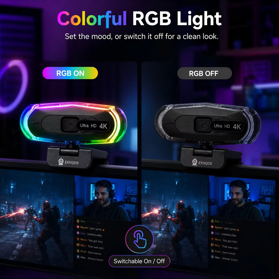 EXHQDR 4K UHD Webcam mit Autofokus, zwei Mikrofonen, RGB-Beleuchtung und Sichtschutzabdeckung in Schwarz - Bild 2