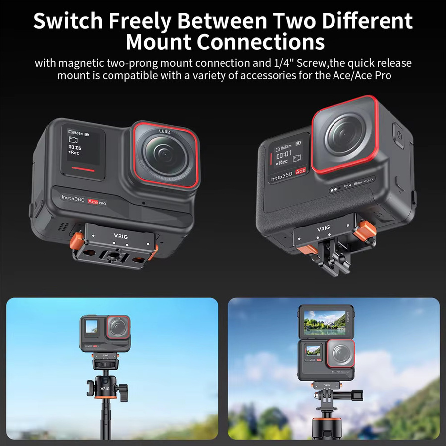 VRIG Magnetische Schnellwechsel-Adapterbasis für GoPro 12 11 10 und Insta360 Ace Pro ONE X2 Action-Kameras, Farbe: Schwarz - Bild 3