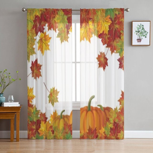 Transparente Voile Tüll Vorhänge mit Herbstblättern und Kürbissen von A Family Of Home Textiles in Weiß, B: 135 cm, H: 114 cm - Bild 1