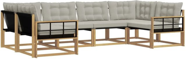 vidaXL Outdoor-Sofagarnitur in U-Form aus Akazienholz mit Textilene-Bezug und Kissen, Weiß und Grau - Bild 1