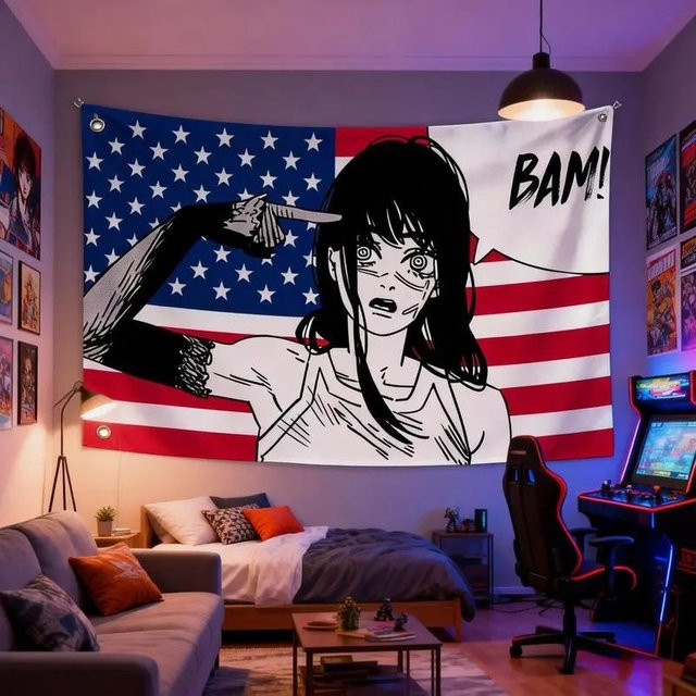 VIKAMA Anime Girl Against the Knife BAM Wandteppich mit amerikanischer Flagge, Mehrfarbige Textil-Wandkunst für dein Schlafzimmer oder Gaming-Zimmer - Bild 1