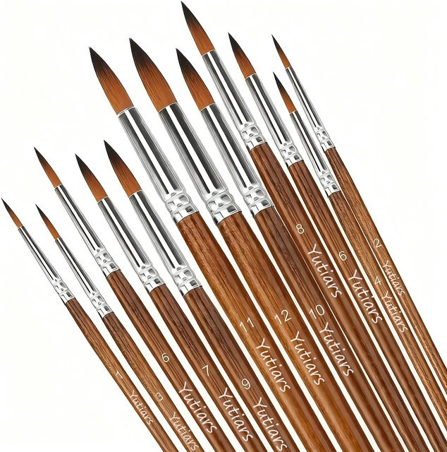 12-teiliges Künstlerpinsel-Set in Braun mit spitzen und runden Spitzen für Aquarell, Acryl, Tinte, Gouache, Öl und Tempera - Bild 1