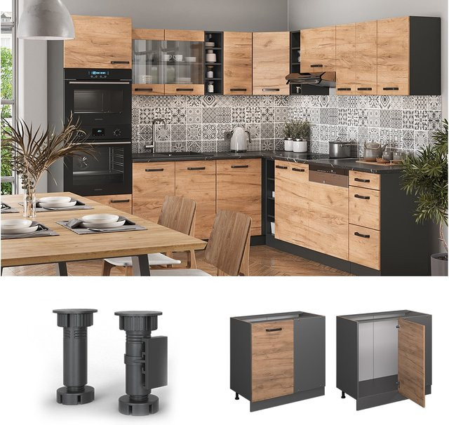 Vicco Eckunterschrank R-Line Küchenschrank in Eiche und Anthrazit mit Goldakzenten, Breite: 86 cm - Bild 3