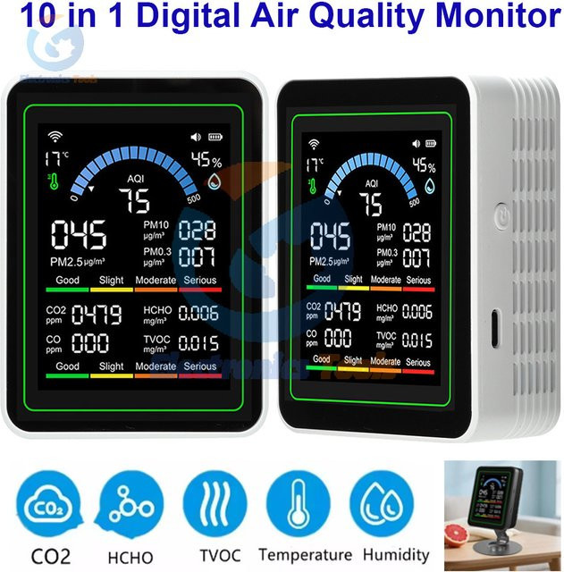 Gaqqee Tuya WiFi 10-in-1 Luftqualitätsmonitor in Weiß mit CO2-Messung, PM2,5, PM10, Formaldehyd sowie Temperatur- und Feuchtigkeitsanzeige - Bild 1
