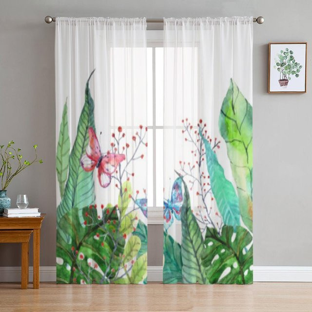 Super Six Tropische Blumenpflanze Tüll-Vorhang aus Organza und Chiffon, Farbe: Weiß/Mehrfarbig, B: 135 cm, H: 114 cm - Bild 1