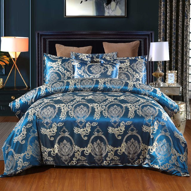 Bin Chi Textiles 3-teiliges Satin Bettwäsche-Set mit floralem Jacquard-Muster in Blau, B/H: 135 x 200 cm - Bild 1