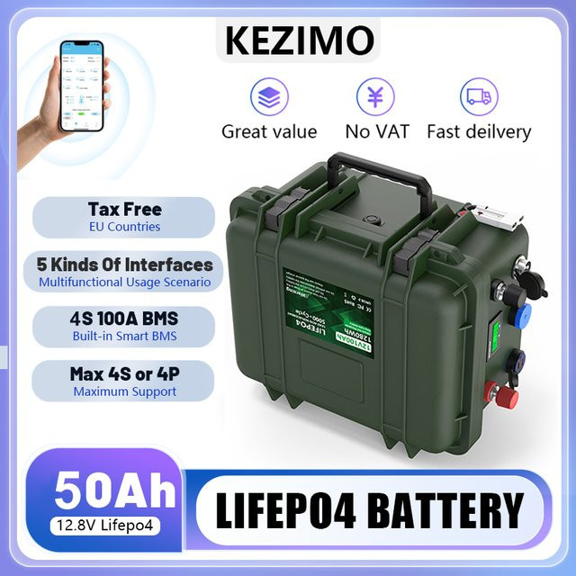 KEZIMO 12V LiFePO4 Batterie 50Ah mit Bluetooth BMS und USB-C QC PD, 640Wh, IP65 wasserdicht - Bild 1