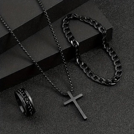 WIKHOSTAR Schmuckset Herren, Messing, Schwarz, Kreuz Anhänger