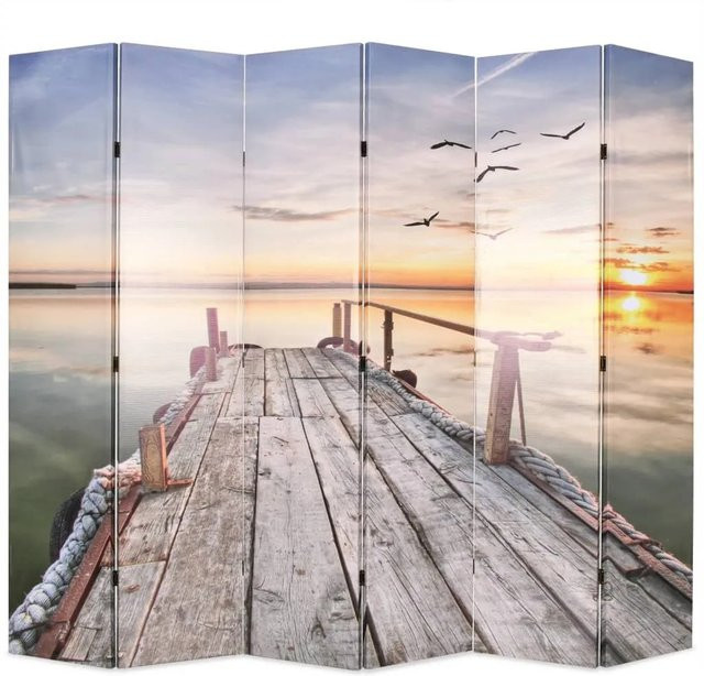 vidaXL Klappbarer Raumteiler mit See-Motiv und Steg, Farbe: Mehrfarbig, B/H: 228 x 170 cm - Bild 1