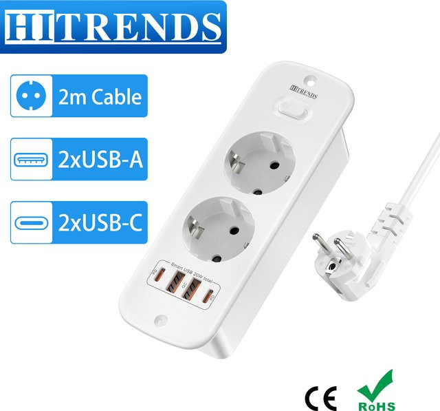 HITRENDS Tisch-Einbausteckdose in Weiß mit 2 AC-Steckdosen und 2 USB-C Schnellladeanschlüssen sowie 2 m Kabel - Bild 1