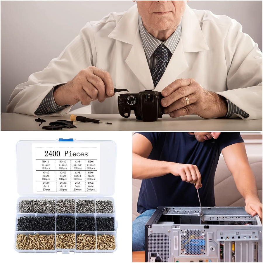 MIVM Miniatur-Schrauben Set mit 2400 Stück, M2 Selbstschneidende Holzschrauben, Kreuzschlitz Flachkopfschrauben, Multicolour (Gold, Schwarz, Silber) - Bild 4