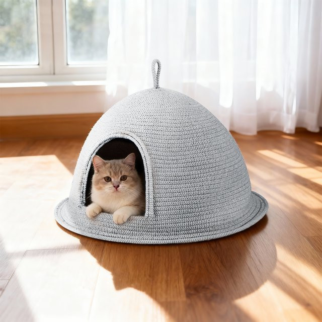 Katzenbett CWV als Höhle aus Leinen-Baumwolle mit Kratzfunktion und Griff, Grau - Bild 1