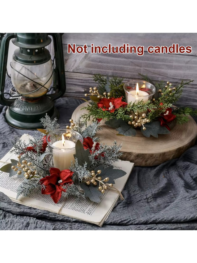 DUTRIEUX Kerzenkranz Girlande mit roten Weihnachtssternen und grünen Kiefernzweigen in Textiloptik für Tisch, Kamin oder Tür - Bild 5
