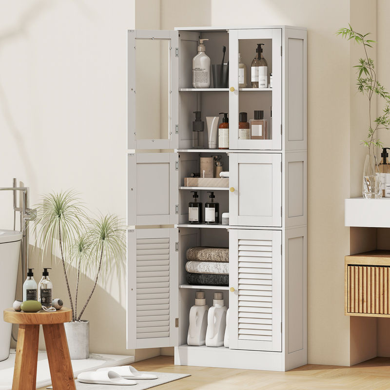 HOMCOM Hochschrank fürs Bad, schmale Badezimmersäule mit Glastüren und Lamellentüren in Weiß, B/T/H: 60 x 30 x 170 cm - Bild 2