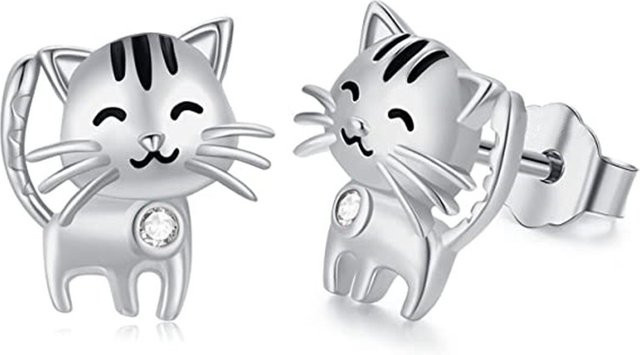 Huitan Ohrstecker Katzenform, Silber, Zirkonia, Damen - Bild 1