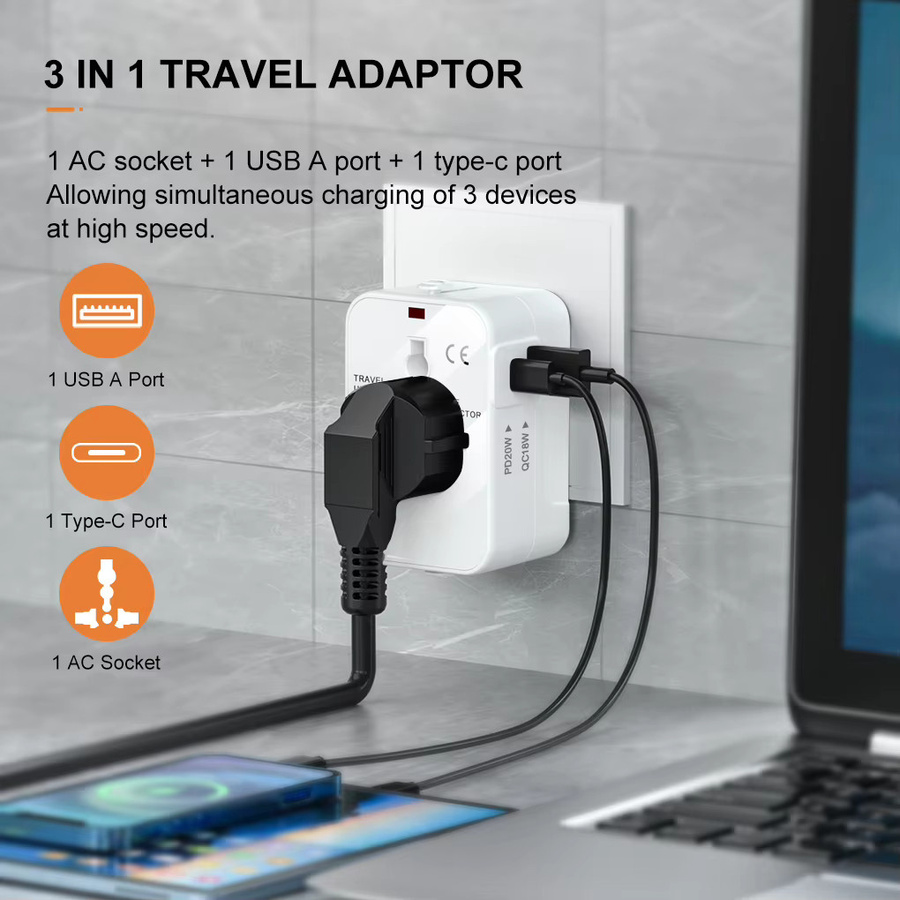 HITRENDS Globaler universeller Reiseadapter in Weiß mit PD20W und QC18W Schnellladefunktion und Überspannungsschutz - Bild 2