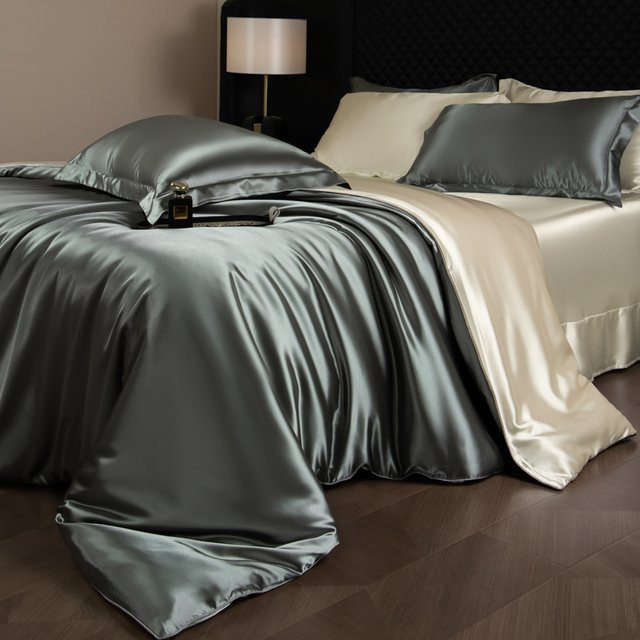 Luxuriöses Bettwäsche-Set von SINONICS aus Seide und Viskose in Weiß oder Grau, bestehend aus Bettbezug, Kissenbezügen, Spannbettlaken und Flachbettlaken, Größe 180 x 200 cm - Bild 1