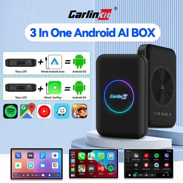 CarlinKit Android TV Box Lite CarPlay AI Box für OEM-Autos 3-in-1 Kabelloses CarPlay und Android Auto Multimedia-Streaming-Box in Schwarz mit 2G+32G - Bild 1