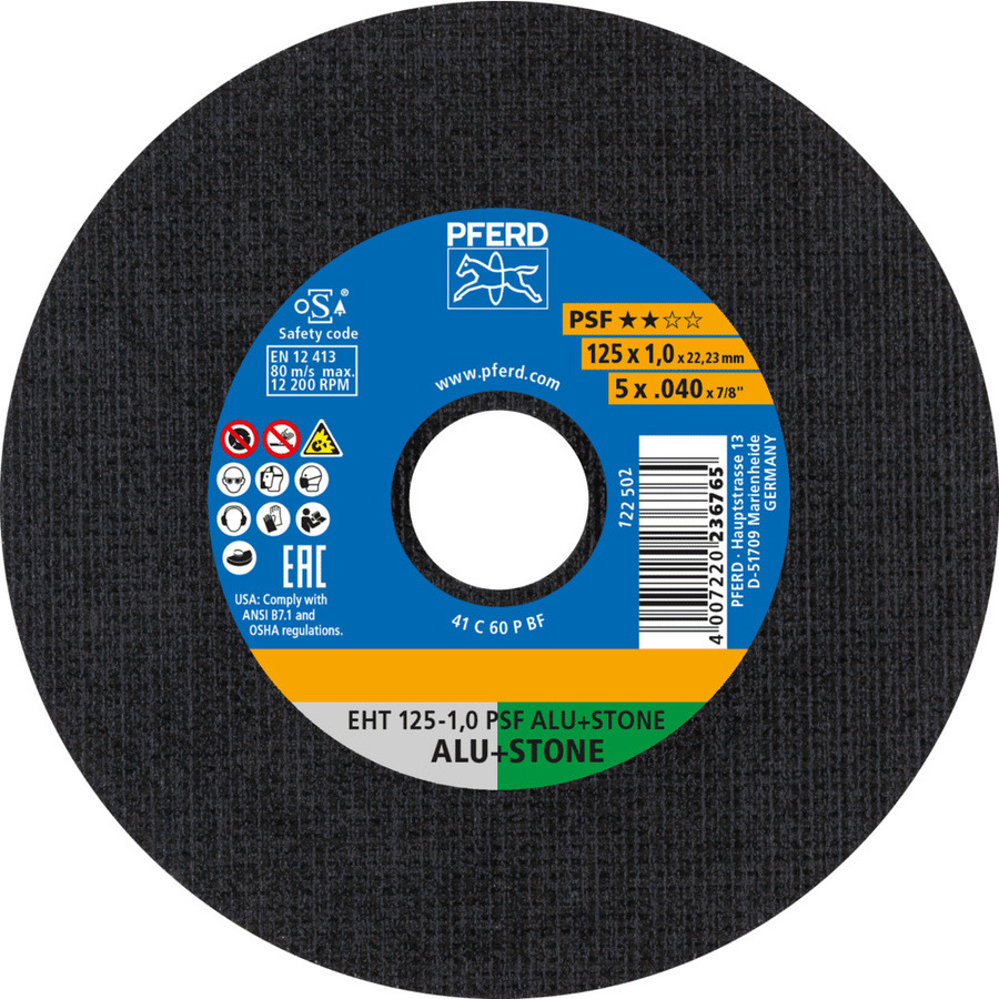 PFERD Trennscheibe EHT PSF ALU+STONE für Aluminium, Nichteisenmetalle, Stein und PVC, Farbe: Schwarz, Durchmesser: 125 mm, Breite: 1 mm, Bohrung: 22,23 mm - Bild 1