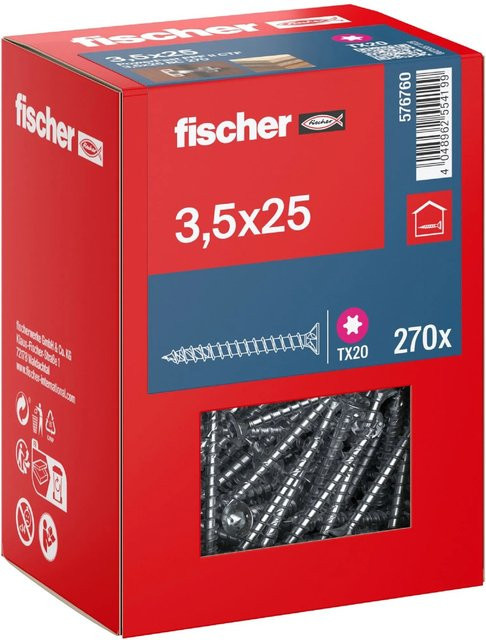 Fischer PowerFast II Senkkopf Schrauben mit Vollgewinde und Torx-Antrieb, verzinkter Stahl, Farbe: Silber/Blau, Durchmesser: 3,5 mm, Länge: 25 mm - Bild 1
