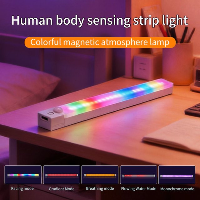 GGBEE RGB LED Lichtleiste mit Bewegungssensor, kabellose magnetische Nachtbeleuchtung für Schreibtisch und Schrank, Multicolor, Weiß - Bild 1