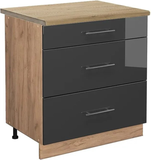 Vicco Küchenunterschrank Fame-Line in Anthrazit Hochglanz und Goldkraft Eiche mit 3 Soft-Close-Schubladen, Breite: 80 cm, Höhe: 82 cm, Tiefe: 51 cm - Bild 1