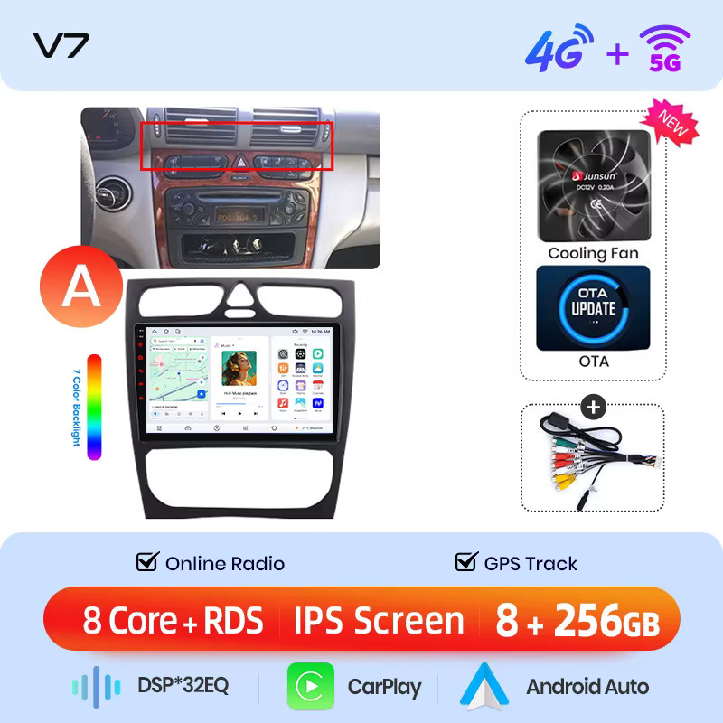 Junsun Wireless CarPlay und Android Auto Autoradio für Mercedes-Benz C-Klasse W203 und CLK-Klasse C209/A209, Schwarz, mit GPS, WiFi und integriertem Lüfter - Bild 6