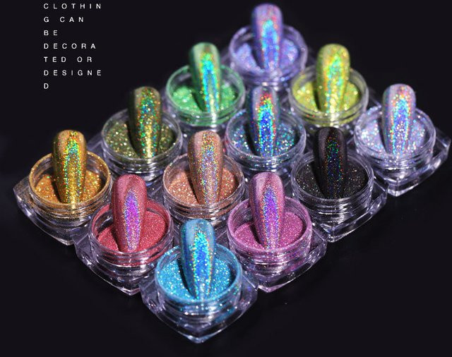 HotPress Nail Art Glitzerpulver, 12er Set, holografisch, 0,5 g pro Glas - Bild 1