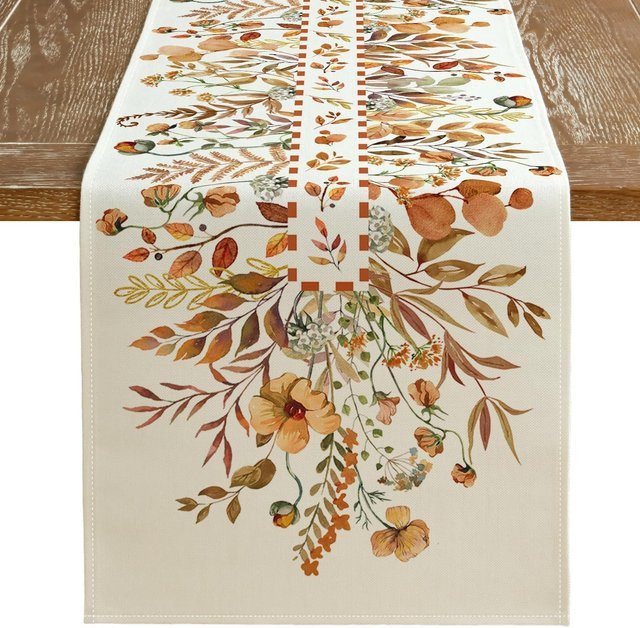 JMG Household Supplies Tischläufer aus Leinen mit herbstlichem Blumenmuster in Beige, Breite: 150 cm, Tiefe: 33 cm - Bild 1