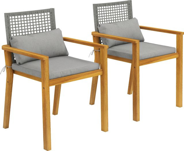 Outsunny 2er-Set Gartenstühle aus FSC-Akazienholz mit Armlehnen und Kissen, stapelbar, Holzfarbe, B/T/H: 59 x 55 x 86 cm - Bild 1