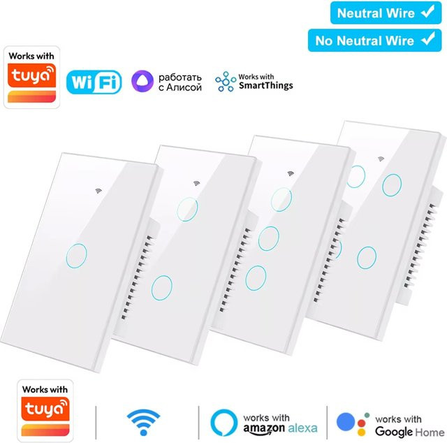 Szaoju WLAN und Bluetooth Touch-Lichtschalter mit Tuya Smart Life App Kompatibilität, US Touch-Panel-Wandschalter für Neutralleiter oder ohne Neutralleiter - Bild 1