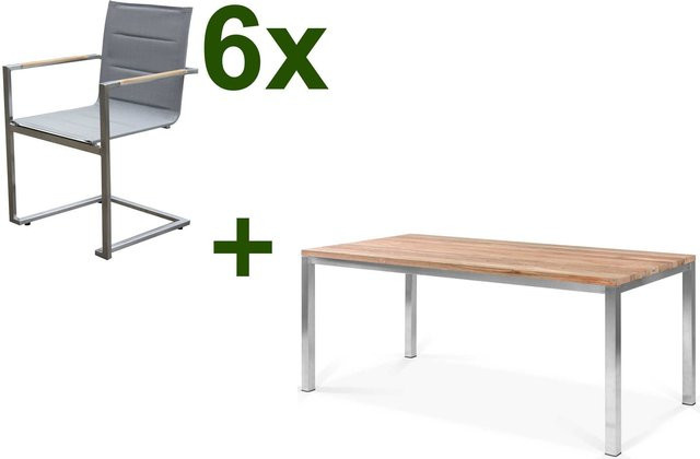 OUTFLEXX Garten-Essgruppe aus Edelstahl und recyceltem Teak in Braun mit 6 gepolsterten Freischwinger-Stühlen, Tisch B: 180 cm, T: 90 cm, H: 76 cm - Bild 1