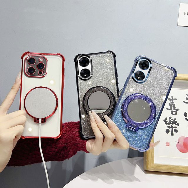 Stoßfeste Handyhülle mit Glitzer-Effekt, Spiegelständer und Perlenarmband für Oppo A78, A58 und A78 5G in Schwarz - Bild 1