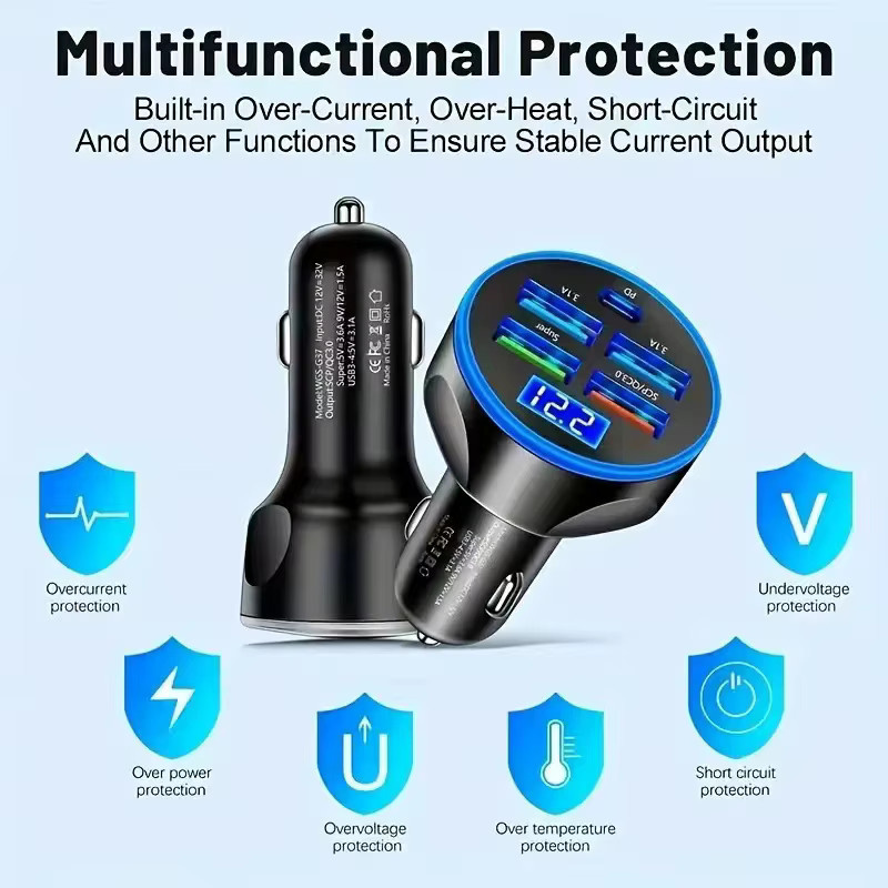 5-Port Auto-Telefonladegerät mit PD 35W und QC 3.0 Schnellladung, USB-C Adapter mit Digitalanzeige, Schwarz - Bild 4