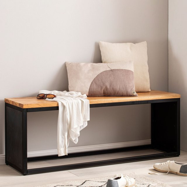 Finebuy Massivholz Sitzbank aus Akazie in Braun mit Metallgestell, Breite: 120 cm - Bild 1