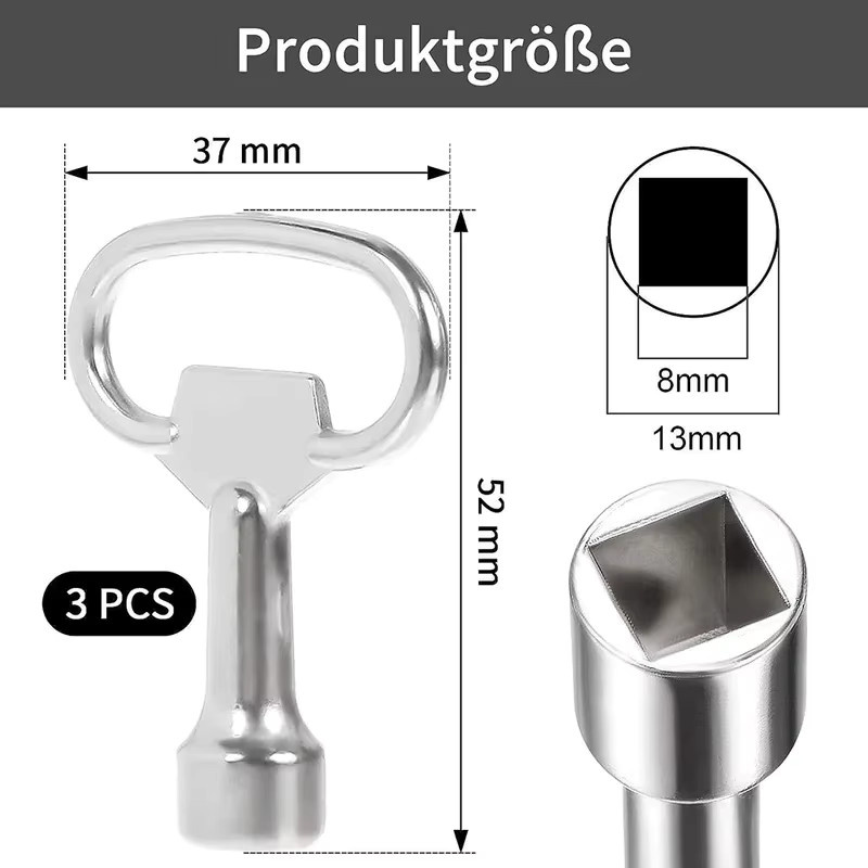 Mehrzweck Edelstahl-Quadrat-Lüftungsschlüssel in Silber, 8mm, 3-teiliges Set für Heizungslüftung, Schranktürschlösser und Wasserhähne - Bild 3