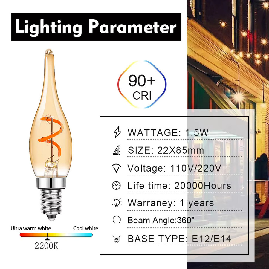 Grensk Retro LED Kerzenlampe mit Spiralform und Flammenform, E14 Basis, 1,5 W, Warmweiß 2200K, dimmbar, Transparent - Bild 2
