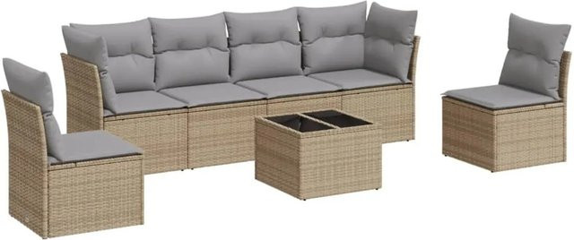 vidaXL 7-teilige Garten-Sofagarnitur in L-Form aus Poly-Rattan in Beige-Grau mit Tisch und Polsterkissen - Bild 1
