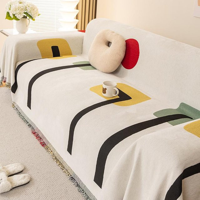 Modernes Chenille Sofabezug Super Six mit Grafikprint, rutschfest und waschbar, B/B: 180 x 130 cm, beige - Bild 1