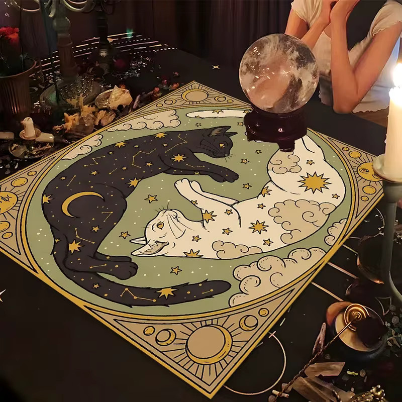 VIKAMA Mystery Tarot Tischdecke mit Katzenmotiv in Multicolour im Retro-Design - Bild 3