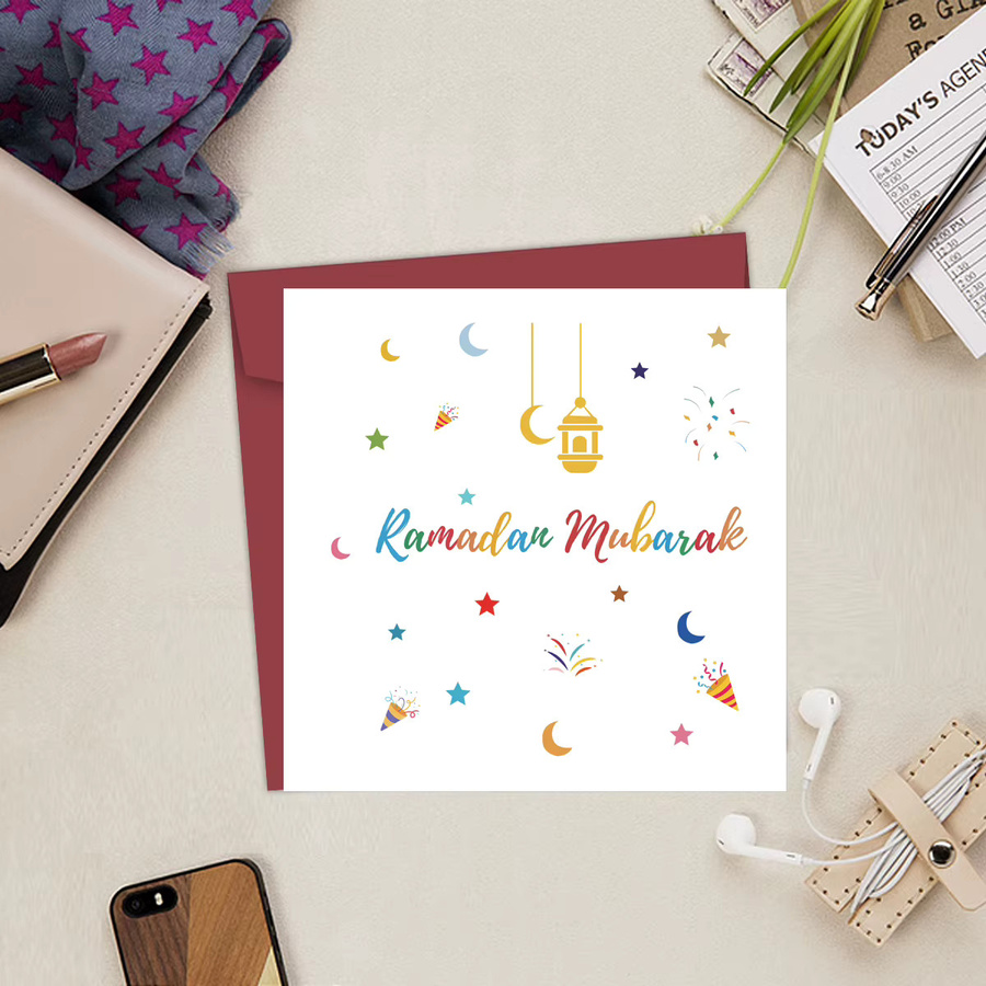 Ramadan Mubarak Grußkarte mit Umschlag in Mehrfarbig, Papier-Grußkarte für Muslime zum Verschenken an Freunde, Familie und Kollegen - Bild 2