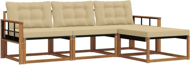 vidaXL Outdoor-Sofagarnitur 4-teilig aus Akazienholz mit Kissen und Ottoman in L-Form, Farbe: Natur und Beige - Bild 1