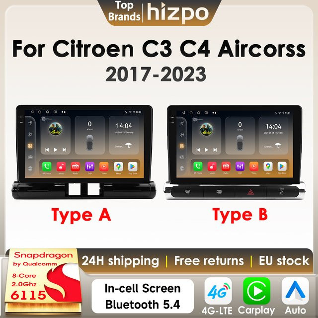 Hizpo Android 14 Auto-Multimedia-Player für Citroen C3 C4 Aircross 2017-2023 mit 8GB RAM, 128GB Speicher, Snapdragon 6115, Wireless CarPlay, 4G, GPS und Bluetooth in Schwarz - Bild 1