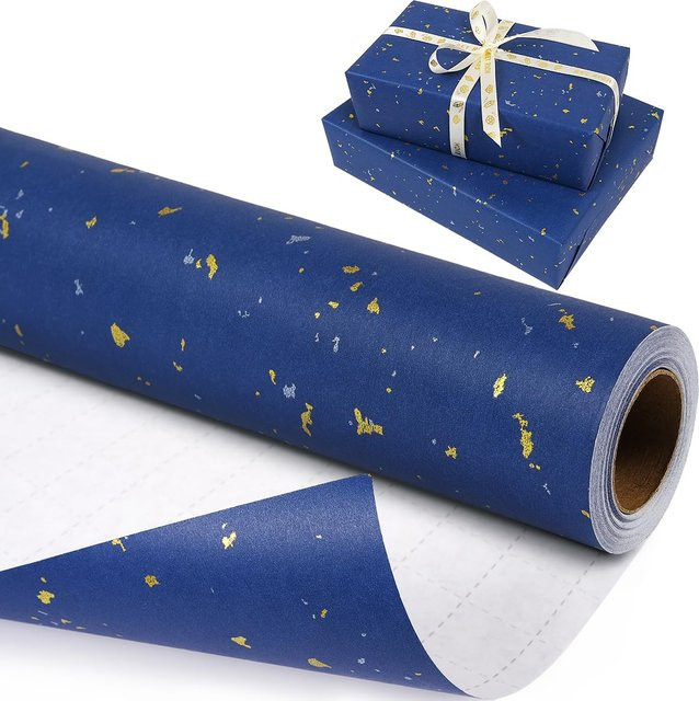 Geschenkpapierrolle in Marineblau mit Goldfolien-Design für Geburtstag, Hochzeit und Party, Breite: 43,18 cm, Länge: 304,8 cm - Bild 1