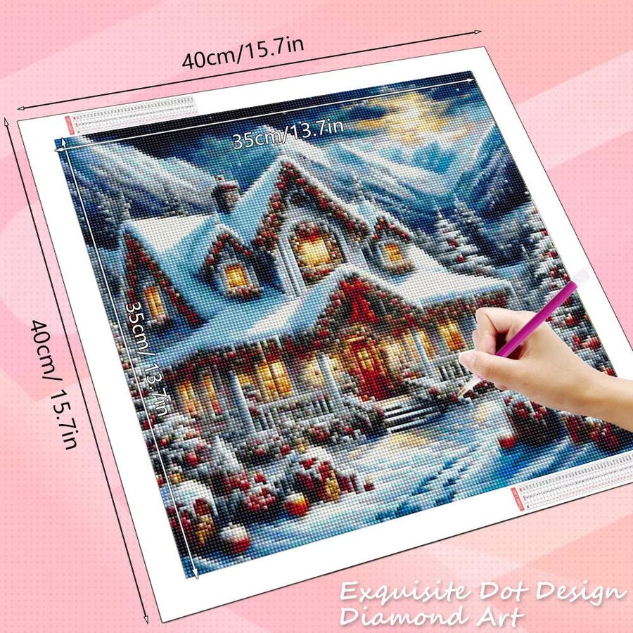 HUACAN Diamant-Malerei Winterlandschaft mit weihnachtlichem Haus als Wanddekoration mit runden Mosaik-Steinen - Bild 2