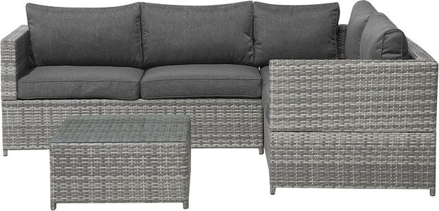 Beliani Lounge Set aus Polyrattan in Grau mit Eckelement, Outdoor-Couchtisch und Polsterkissen, B/T/H: 144 x 212 x 77 cm - Bild 1