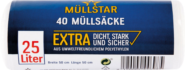 müllstar Müllsäcke 25 Liter, extra dicht und stabil, weiss/transparent, B: 50 cm, H: 50 cm, 40 Stück - Bild 1