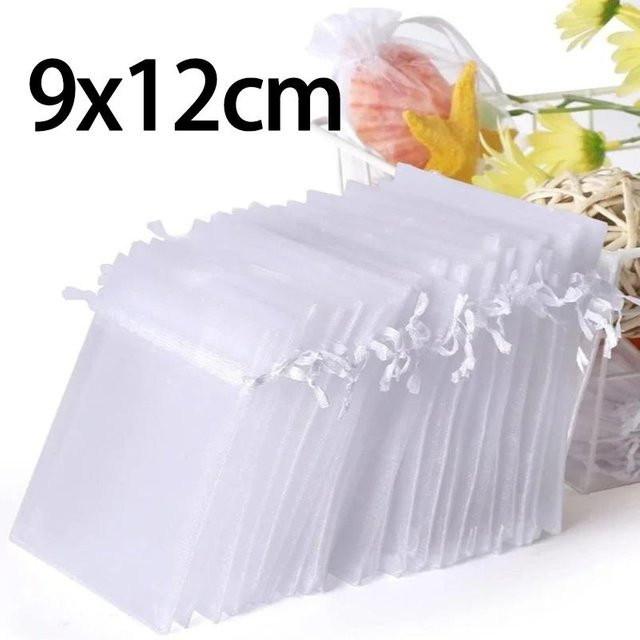 100 Stück Organzabeutel mit Kordelzug in Weiß, kleine Schmuckbeutel für Geschenke und Hochzeiten, B: 9 cm, H: 12 cm - Bild 1