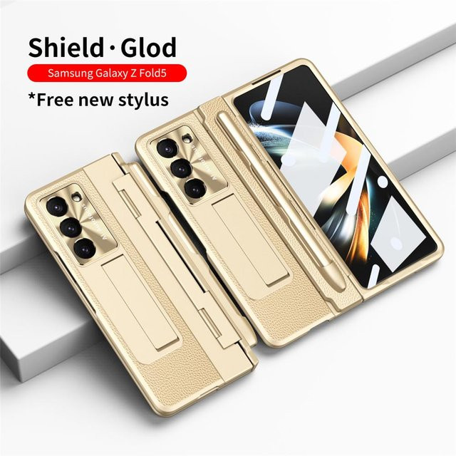 Luxuriöse Leder-Telefonhülle mit Scharnier und S-Pen für Samsung Galaxy Z Fold 5 5G in Gold - Bild 1